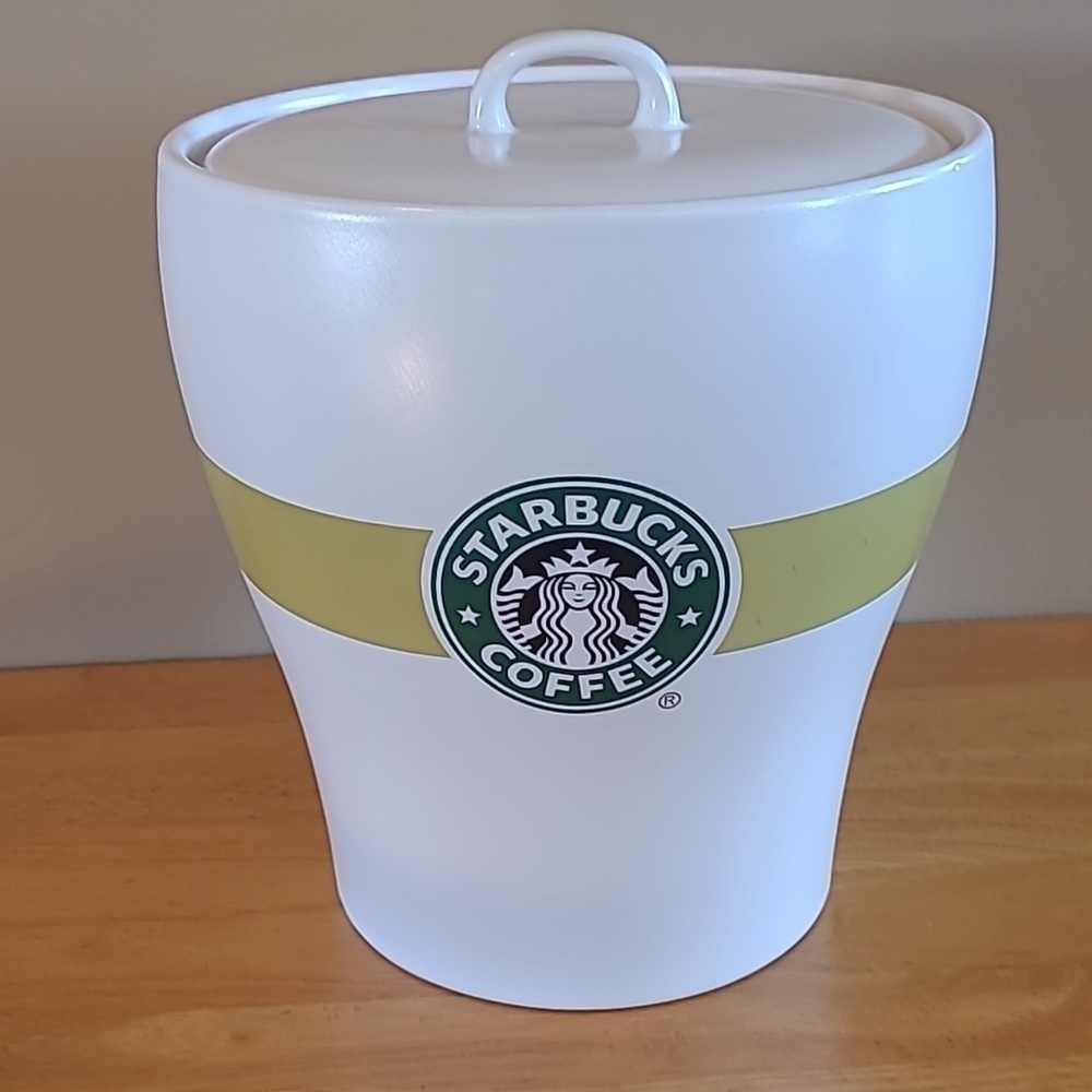 STARBUCKS Retired Ceramic Coffee Canister/Cookie Jar, Lime Green Stripe And Logo